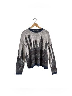 Vintage Panache Grandpa Sweater Men's Medium Knit Oversized Cityscape Maximalist